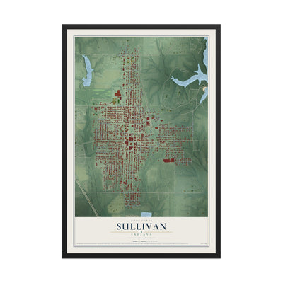 Map of Sullivan, Indiana, 12 x 18 inch print in a black wood frame