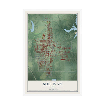 Map of Sullivan, Indiana, 12 x 18 inch print in a white wood frame