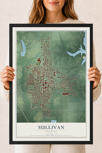 Map of Sullivan, Indiana, 18 x 24 inch print in a black wood frame