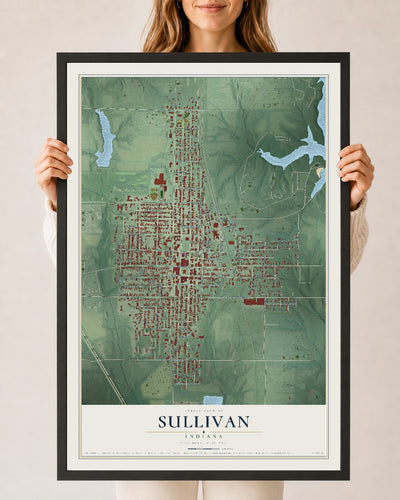 Map of Sullivan, Indiana, 24 x 36 inch print in a black wood frame