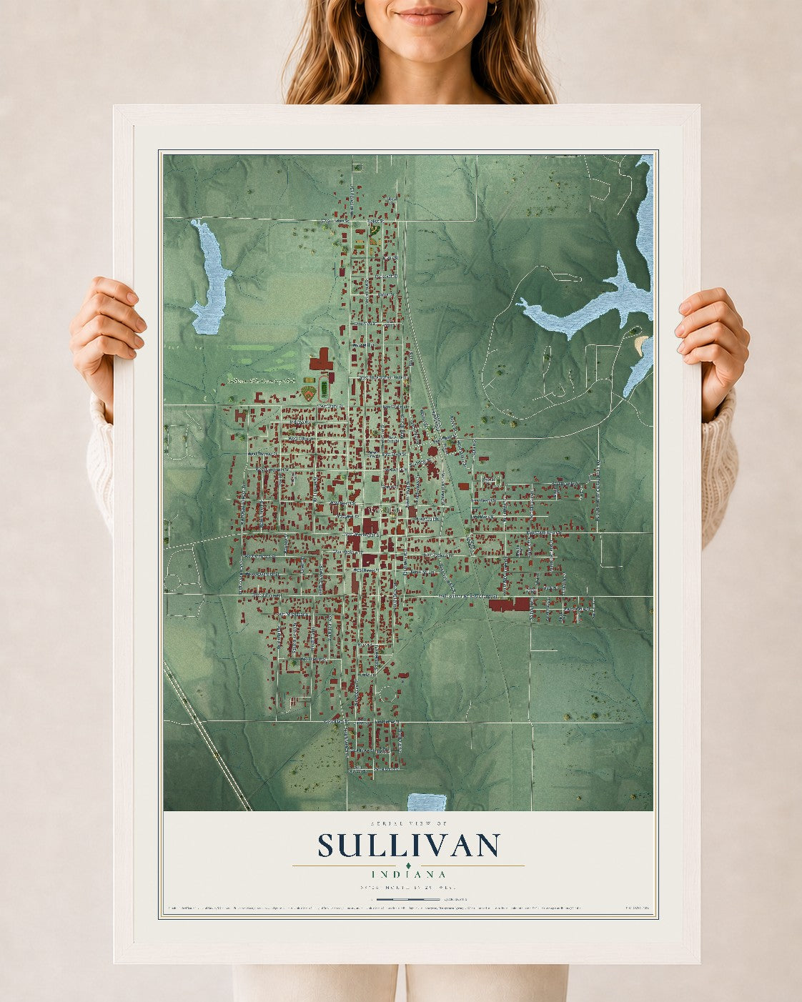 Map of Sullivan, Indiana, 24 x 36 inch print in a white wood frame
