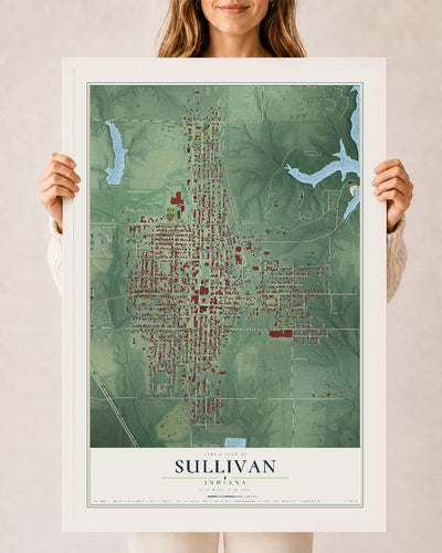 Map of Sullivan, Indiana, 24 x 36 inch print in a white wood frame