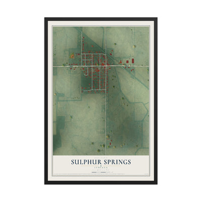 Map of Sulphur Springs, Indiana, 12 x 18 inch print in a black wood frame