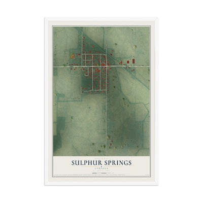 Map of Sulphur Springs, Indiana, 12 x 18 inch print in a white wood frame