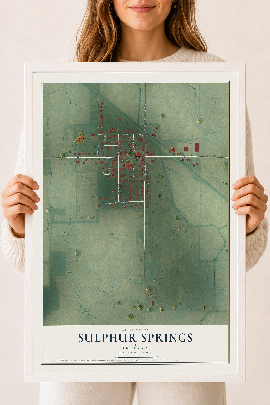 Map of Sulphur Springs, Indiana, 18 x 24 inch print in a white wood frame