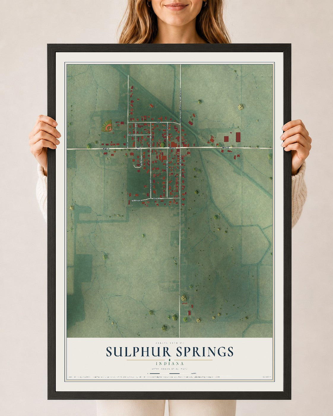 Map of Sulphur Springs, Indiana, 24 x 36 inch print in a black wood frame