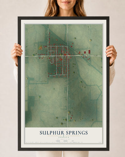 Map of Sulphur Springs, Indiana, 24 x 36 inch print in a black wood frame