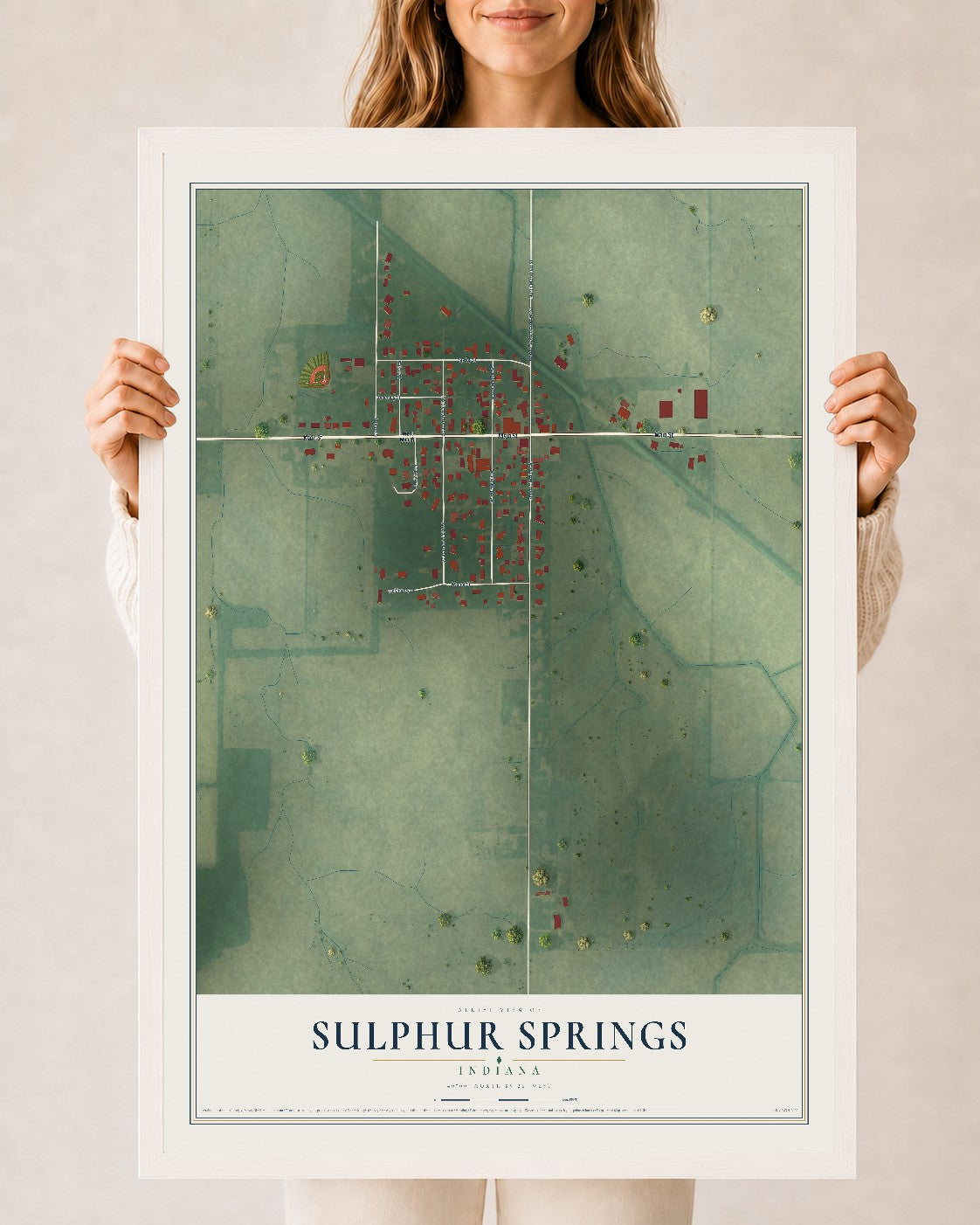 Map of Sulphur Springs, Indiana, 24 x 36 inch print in a white wood frame