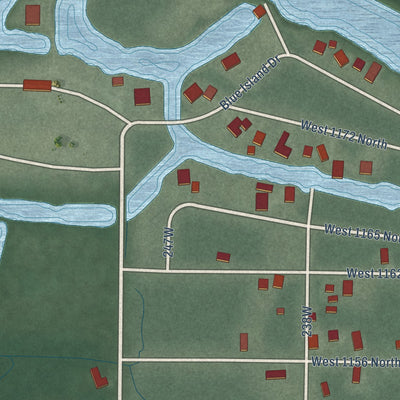 Close-up of the map of Sumava Resorts, Indiana print showing street and building detail
