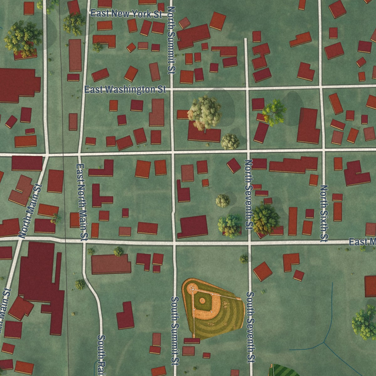 Close-up of the map of Summitville, Indiana print showing street and building detail