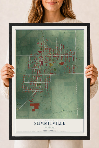 Map of Summitville, Indiana, 18 x 24 inch print in a black wood frame