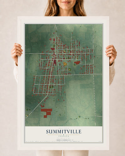 Map of Summitville, Indiana, 24 x 36 inch print in a white wood frame