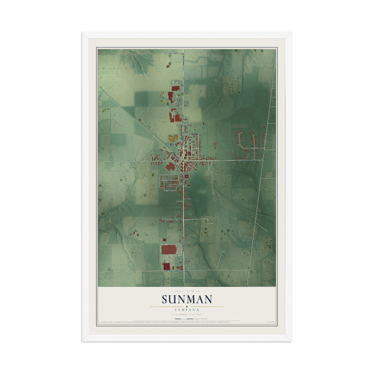 Map of Sunman, Indiana, 12 x 18 inch print in a white wood frame