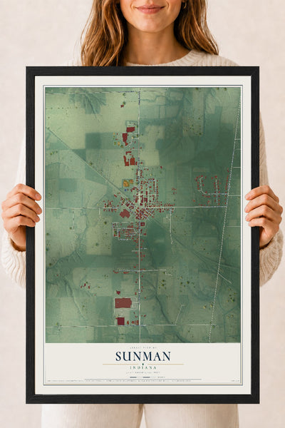 Map of Sunman, Indiana, 18 x 24 inch print in a black wood frame