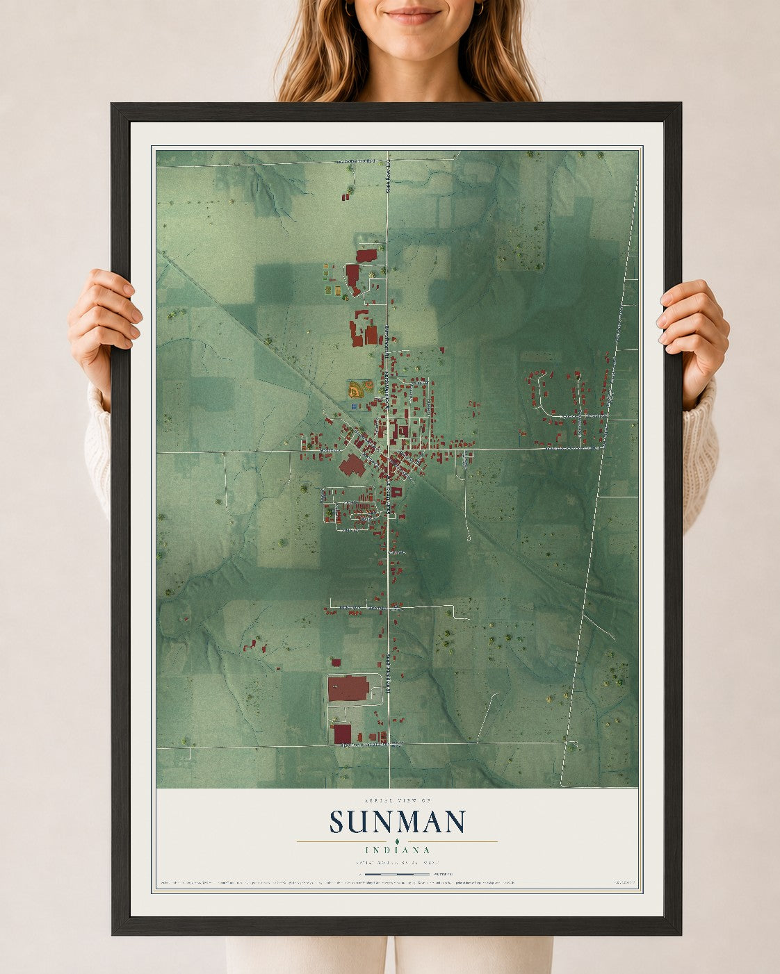 Map of Sunman, Indiana, 24 x 36 inch print in a black wood frame