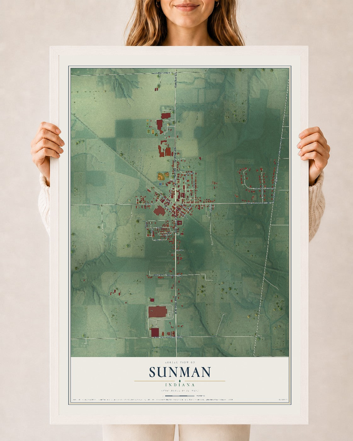 Map of Sunman, Indiana, 24 x 36 inch print in a white wood frame