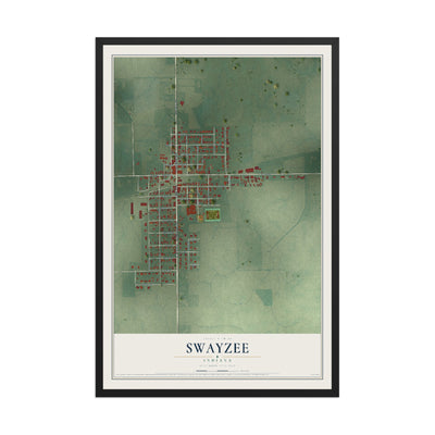 Map of Swayzee, Indiana, 12 x 18 inch print in a black wood frame