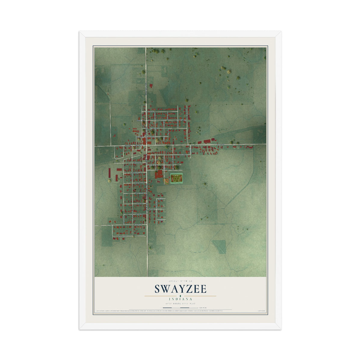 Map of Swayzee, Indiana, 12 x 18 inch print in a white wood frame