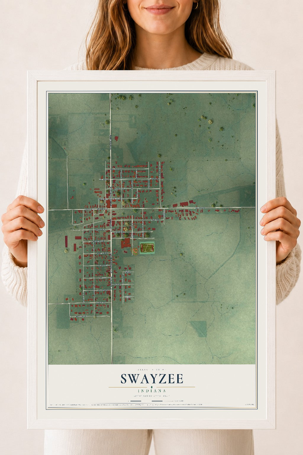 Map of Swayzee, Indiana, 18 x 24 inch print in a white wood frame