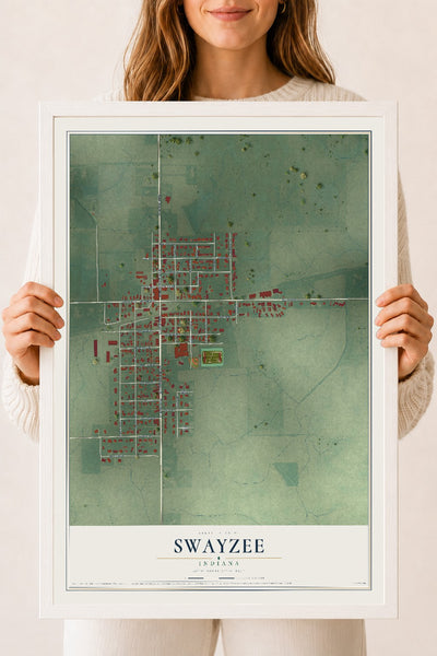 Map of Swayzee, Indiana, 18 x 24 inch print in a white wood frame