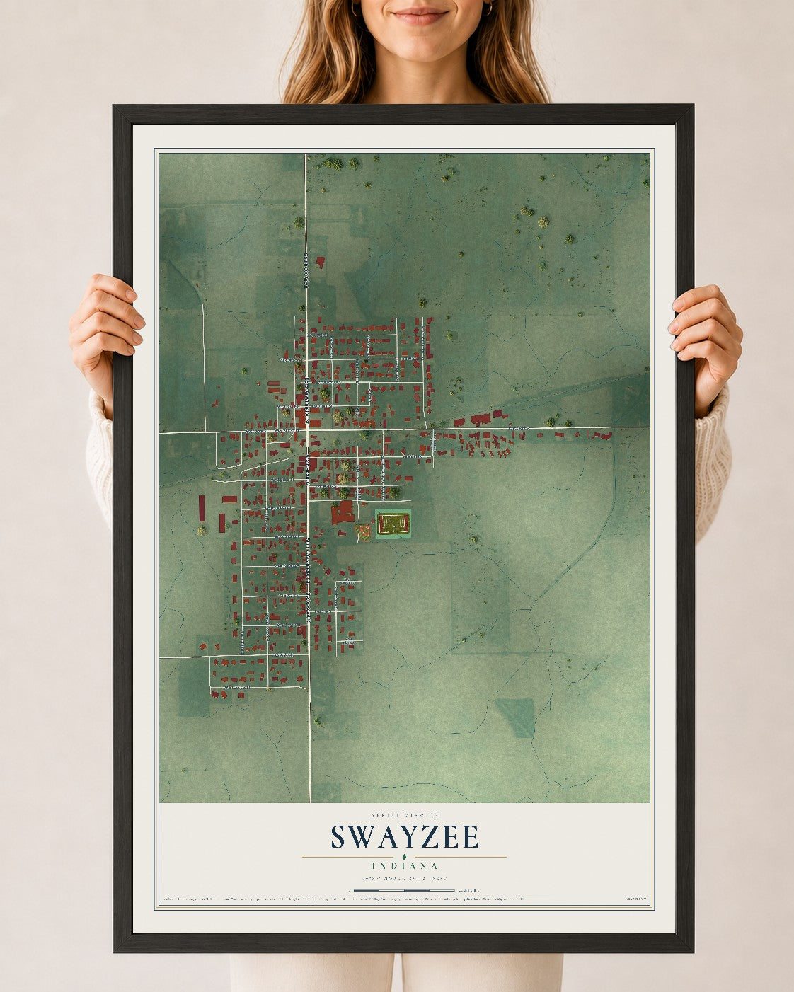 Map of Swayzee, Indiana, 24 x 36 inch print in a black wood frame