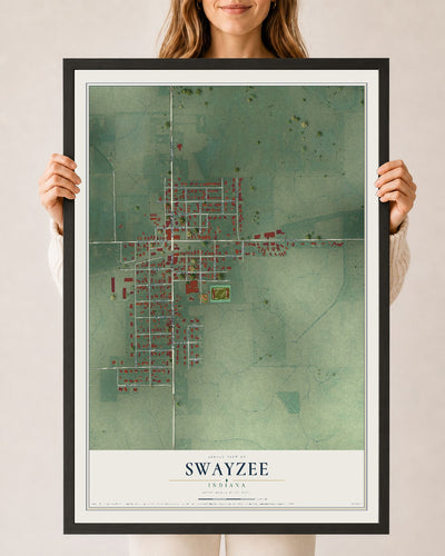 Map of Swayzee, Indiana, 24 x 36 inch print in a black wood frame