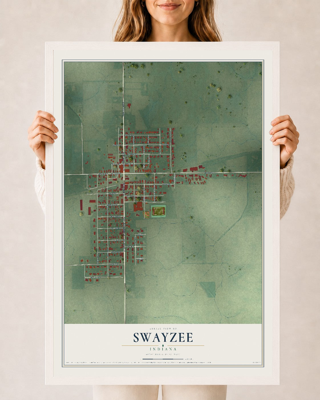 Map of Swayzee, Indiana, 24 x 36 inch print in a white wood frame