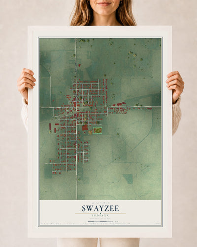 Map of Swayzee, Indiana, 24 x 36 inch print in a white wood frame
