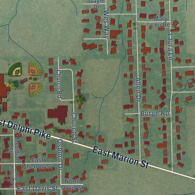 Close-up of the map of Sweetser, Indiana print showing street and building detail