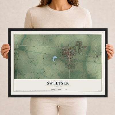 Map of Sweetser, Indiana, 12 x 18 inch print in a black wood frame
