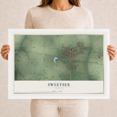 Map of Sweetser, Indiana, 12 x 18 inch print in a white wood frame