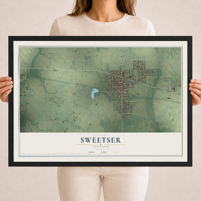 Map of Sweetser, Indiana, 18 x 24 inch print in a black wood frame