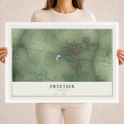 Map of Sweetser, Indiana, 18 x 24 inch print in a white wood frame