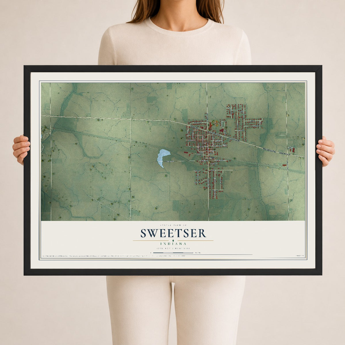 Map of Sweetser, Indiana, 24 x 36 inch print in a black wood frame