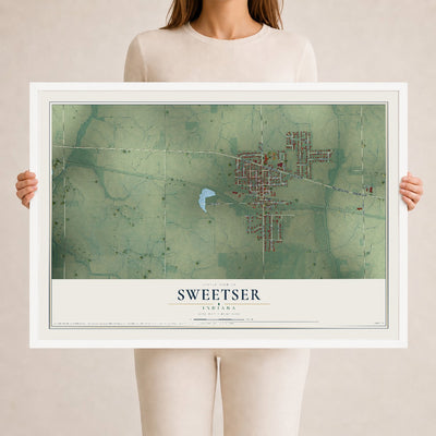 Map of Sweetser, Indiana, 24 x 36 inch print in a white wood frame