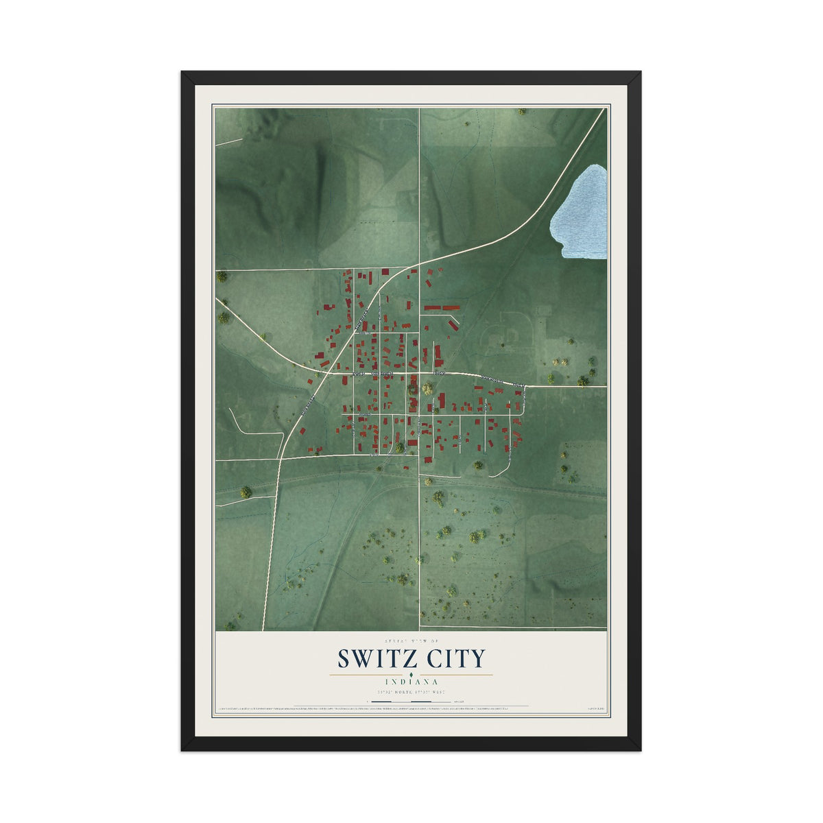 Map of Switz City, Indiana, 12 x 18 inch print in a black wood frame