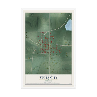Map of Switz City, Indiana, 12 x 18 inch print in a white wood frame