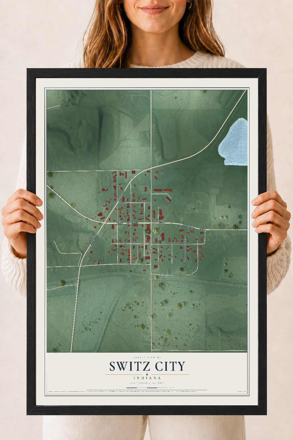 Map of Switz City, Indiana, 18 x 24 inch print in a black wood frame