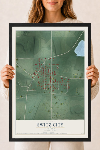 Map of Switz City, Indiana, 18 x 24 inch print in a black wood frame