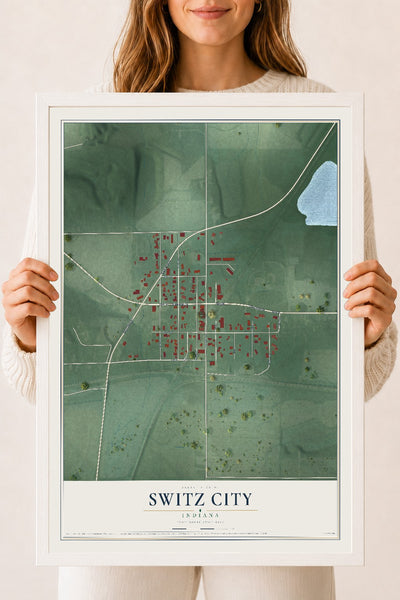 Map of Switz City, Indiana, 18 x 24 inch print in a white wood frame