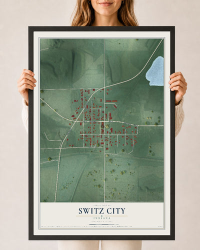 Map of Switz City, Indiana, 24 x 36 inch print in a black wood frame