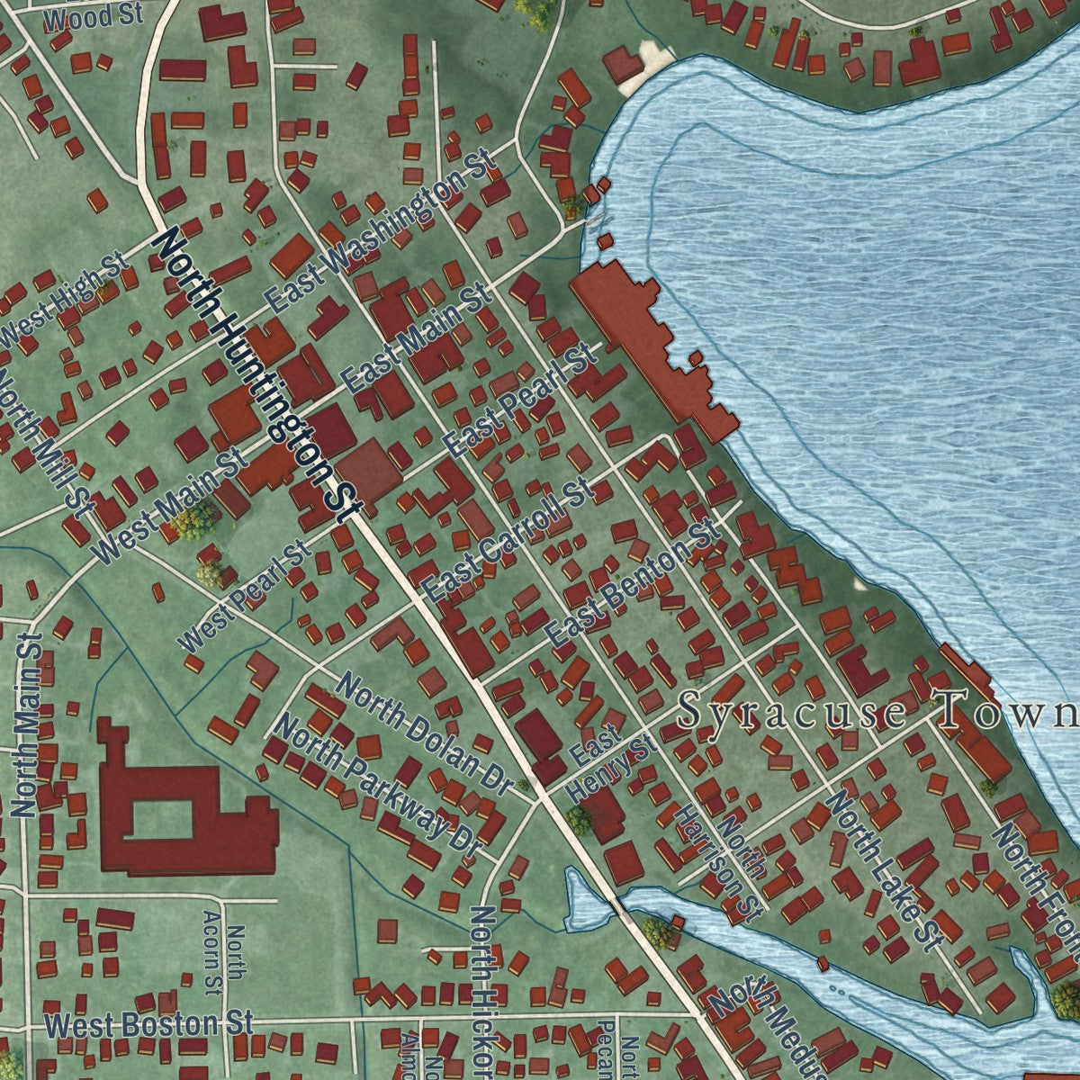 Close-up of the map of Syracuse, Indiana print showing street and building detail