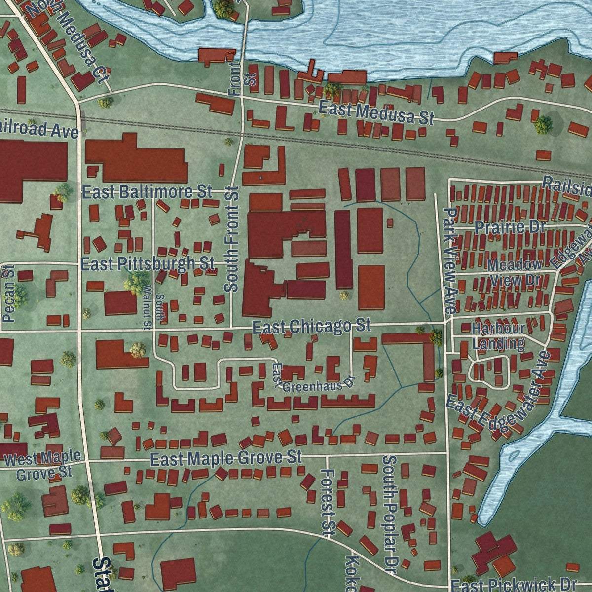 Second close-up of the map of Syracuse, Indiana print showing more streets and buildings