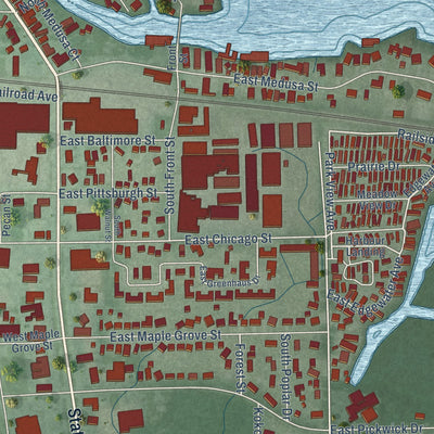 Second close-up of the map of Syracuse, Indiana print showing more streets and buildings