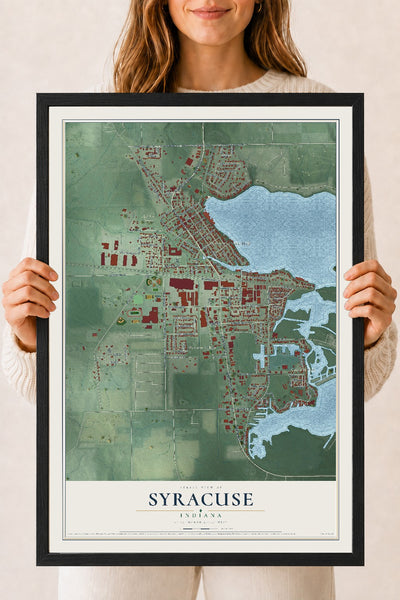 Map of Syracuse, Indiana, 18 x 24 inch print in a black wood frame