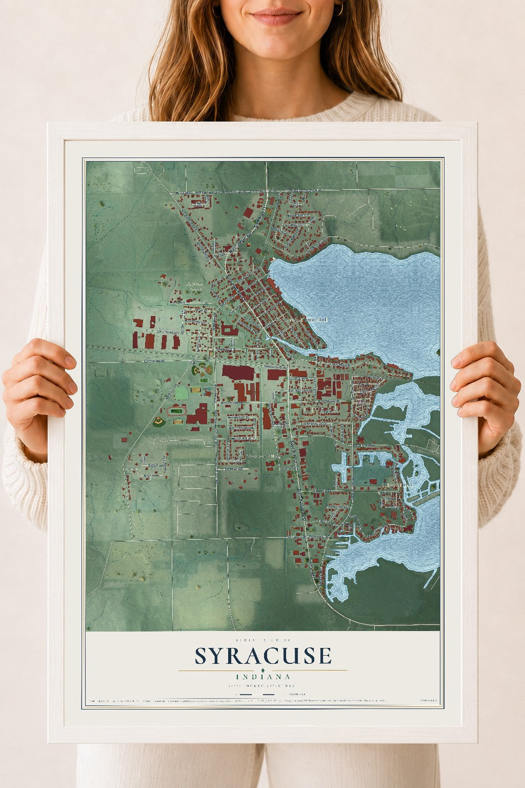 Map of Syracuse, Indiana, 18 x 24 inch print in a white wood frame
