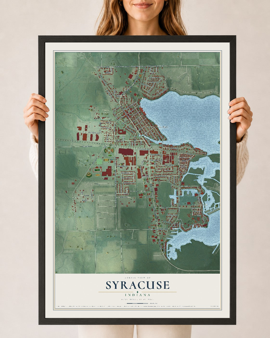 Map of Syracuse, Indiana, 24 x 36 inch print in a black wood frame