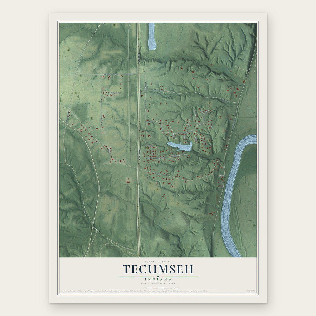 Tecumseh, Indiana map print, the full design