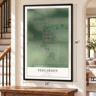 Teegarden, Indiana map, 24 x 36 inch print in a black frame by a staircase