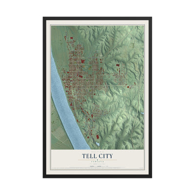Map of Tell City, Indiana, 12 x 18 inch print in a black wood frame